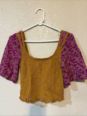 Free People Mustard Smocked Crop Top with Magenta Puff Sleeves